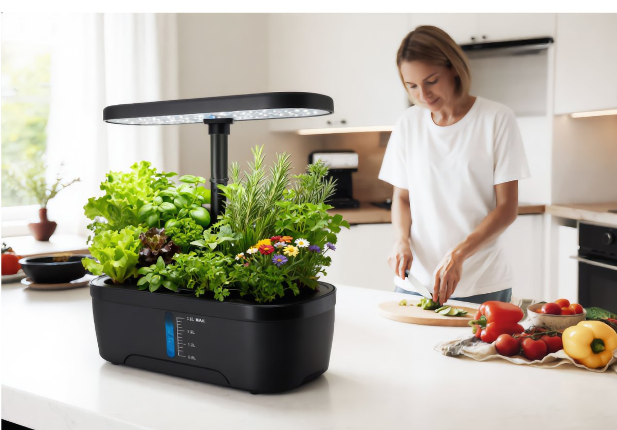 HOMLENDA hydroponic garden growing fresh herbs on a kitchen countertop